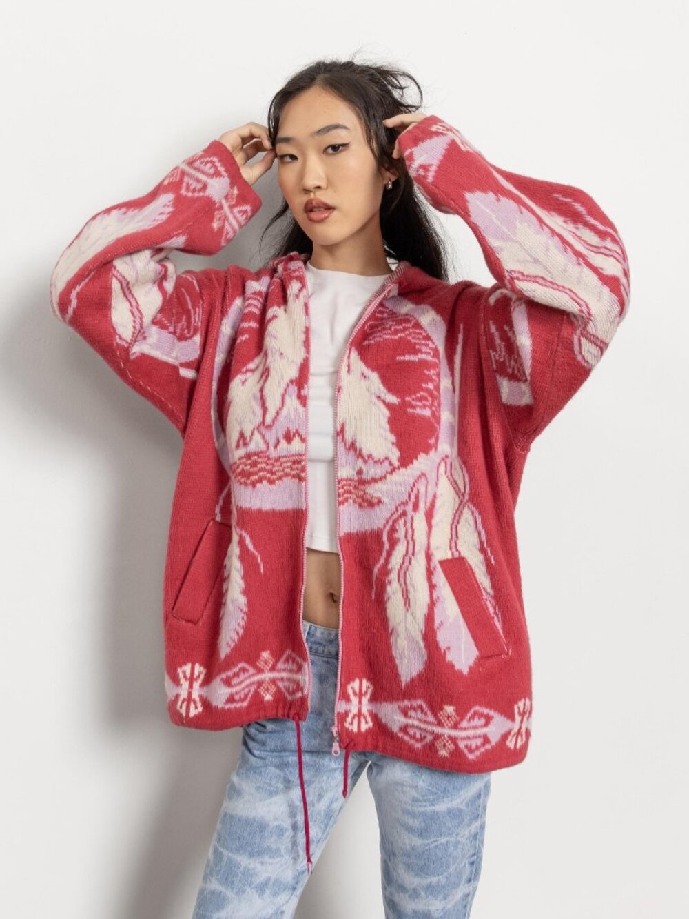Fleece Knit Hoodie Vintage Wolves Blanket Oversize Jacket